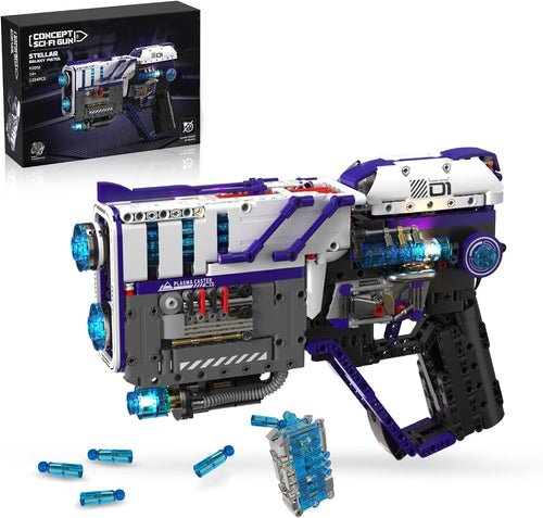 Brick-built futuristic galaxy blaster with purple and blue panels and glowing muzzle
