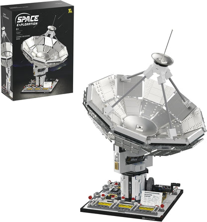 Tall white brick-built multi-stage rocket lit by a light strip – view 2