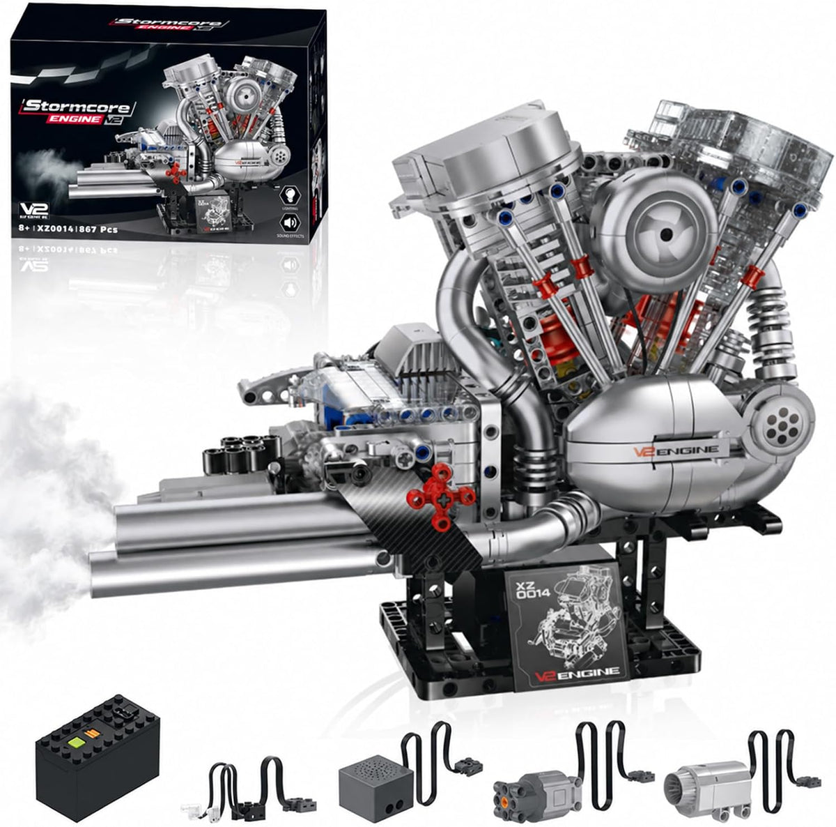 Motorized V-twin engine brick model with visible gears and chain drive