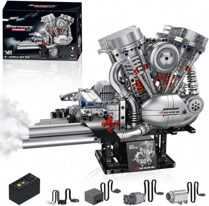 Motorized V-twin engine brick model with visible gears and chain drive