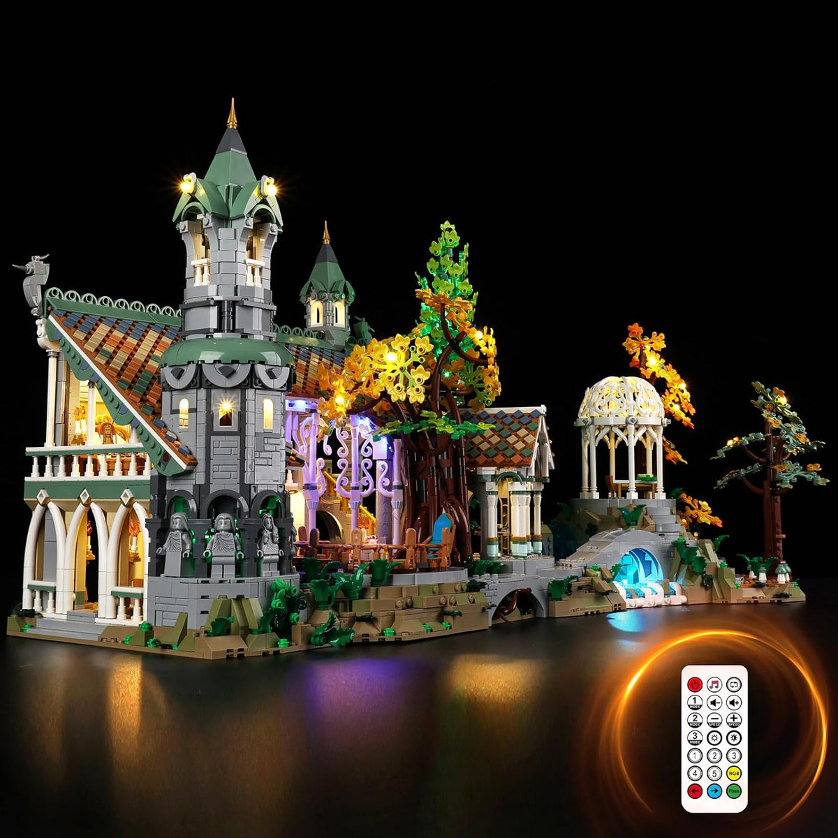 Elven valley brick model with waterfalls and halls glowing under LED lights