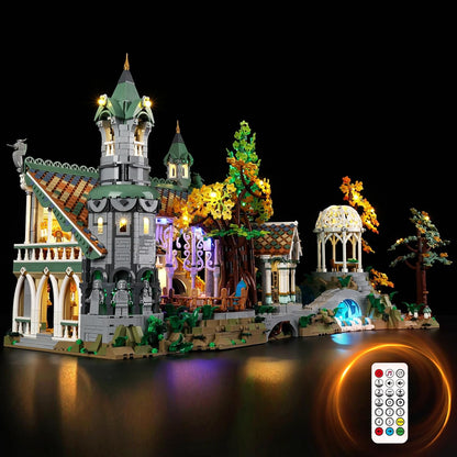Elven valley brick model with waterfalls and halls glowing under LED lights
