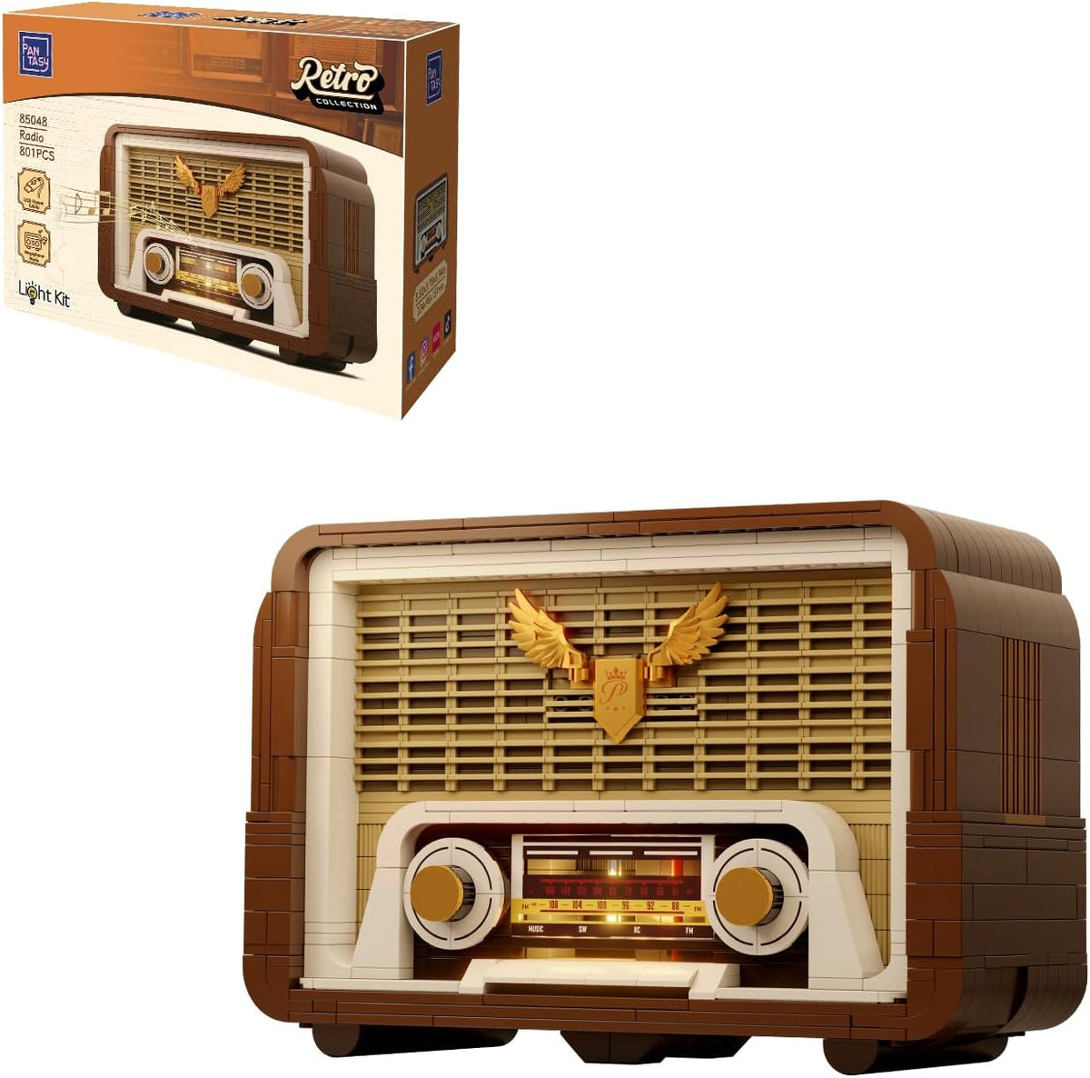 Vintage radio brick model with lit dial and tuning knob
