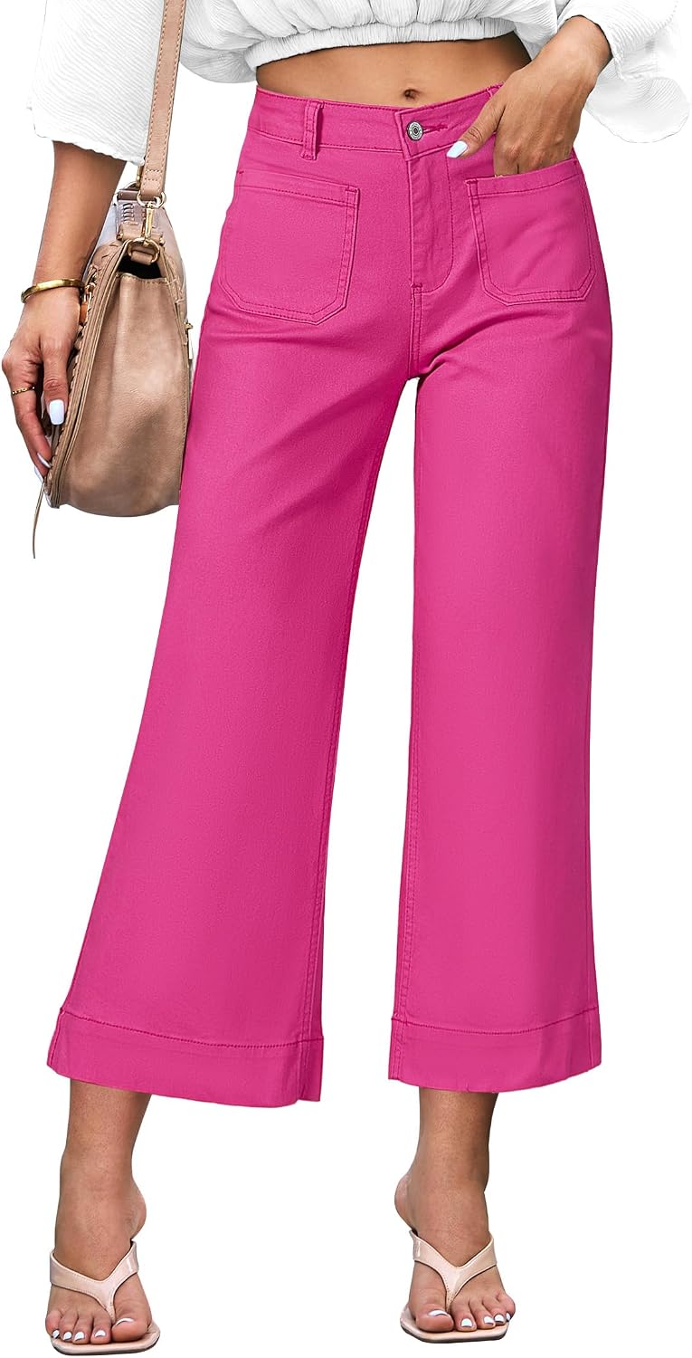 Women's Cropped Flare Jeans - High Rise Wide Leg Denim with Front Patch Pockets for Concert Outfits - Small (10)