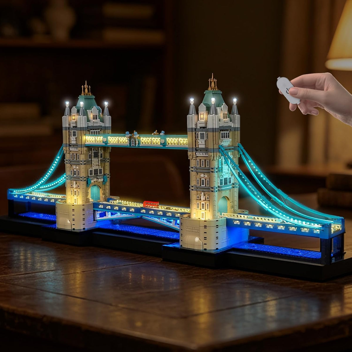 Tower Bridge brick model illuminated with warm LED lights at night – view 2