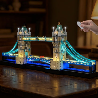 Tower Bridge brick model illuminated with warm LED lights at night – view 2
