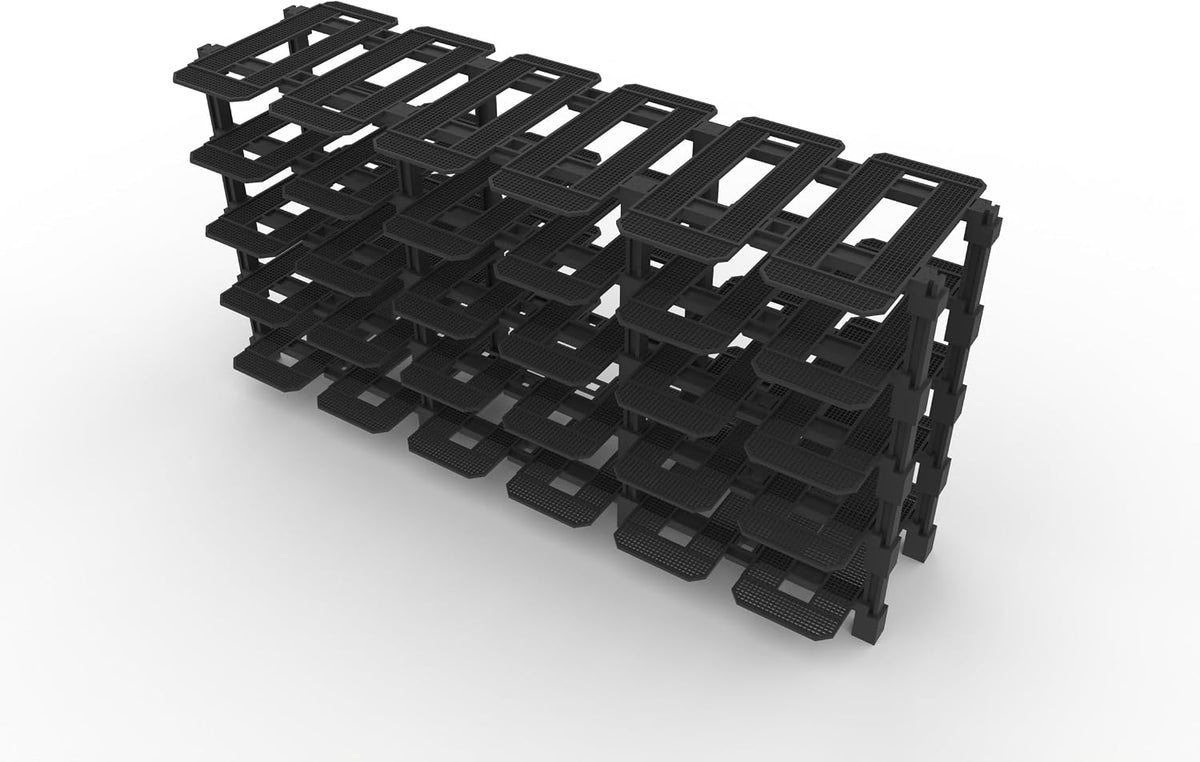 Modular racing garage display rack with small brick race cars in each bay – view 4