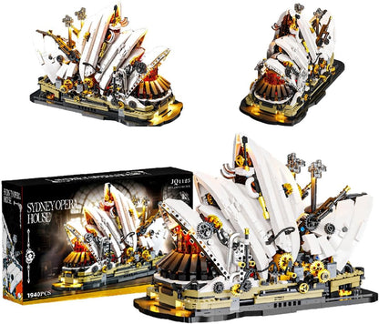 Brick-built steampunk Sydney Opera House model with gears and lights