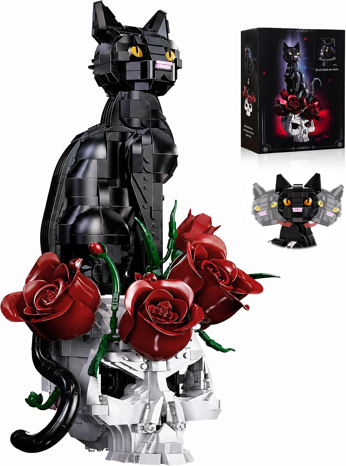 Brick-built black cat with rotatable head next to a rose bouquet in a skull vase