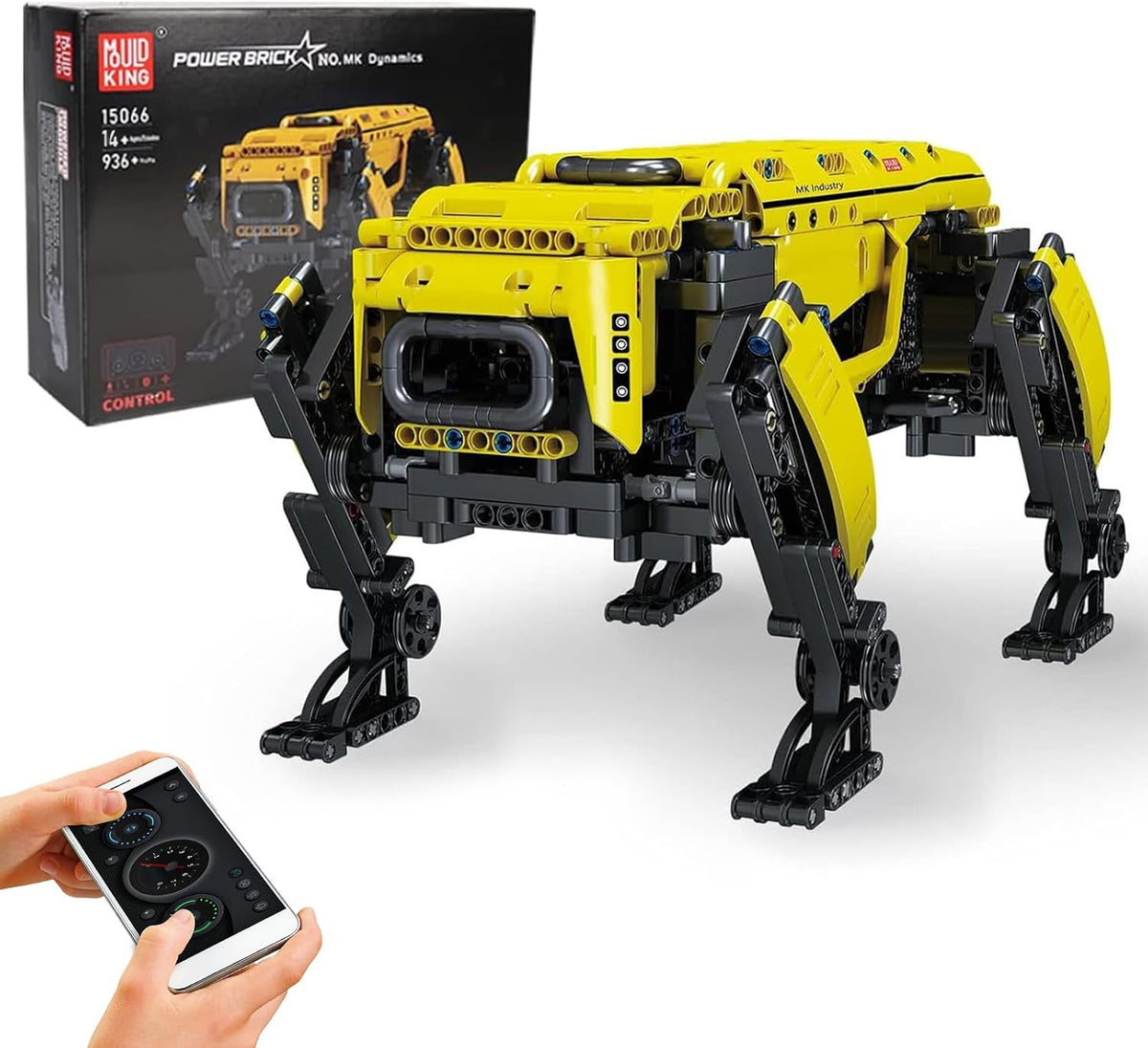 Brick-built yellow four-legged robot dog with motor module