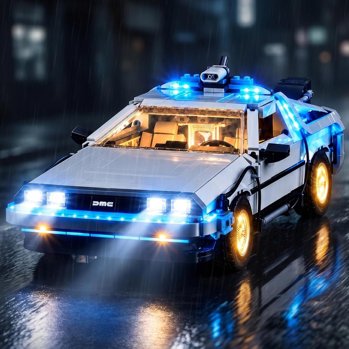 Brick-built endurance racing hypercar with glowing LED headlights and light strips – view 2