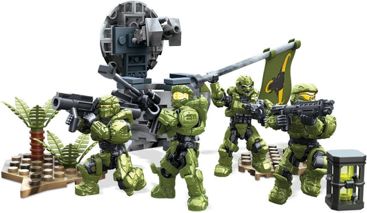 Small brick sci-fi base with turret and four armored micro figures