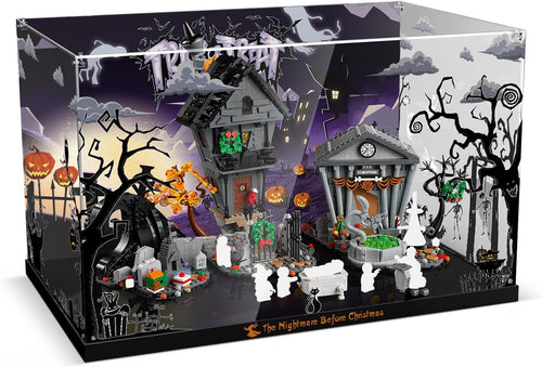 Clear acrylic case with a printed night backdrop around a spooky holiday town brick model