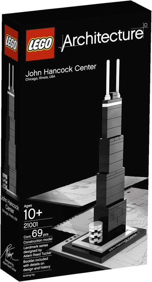 Small black and white brick model of the John Hancock Center on a labeled base