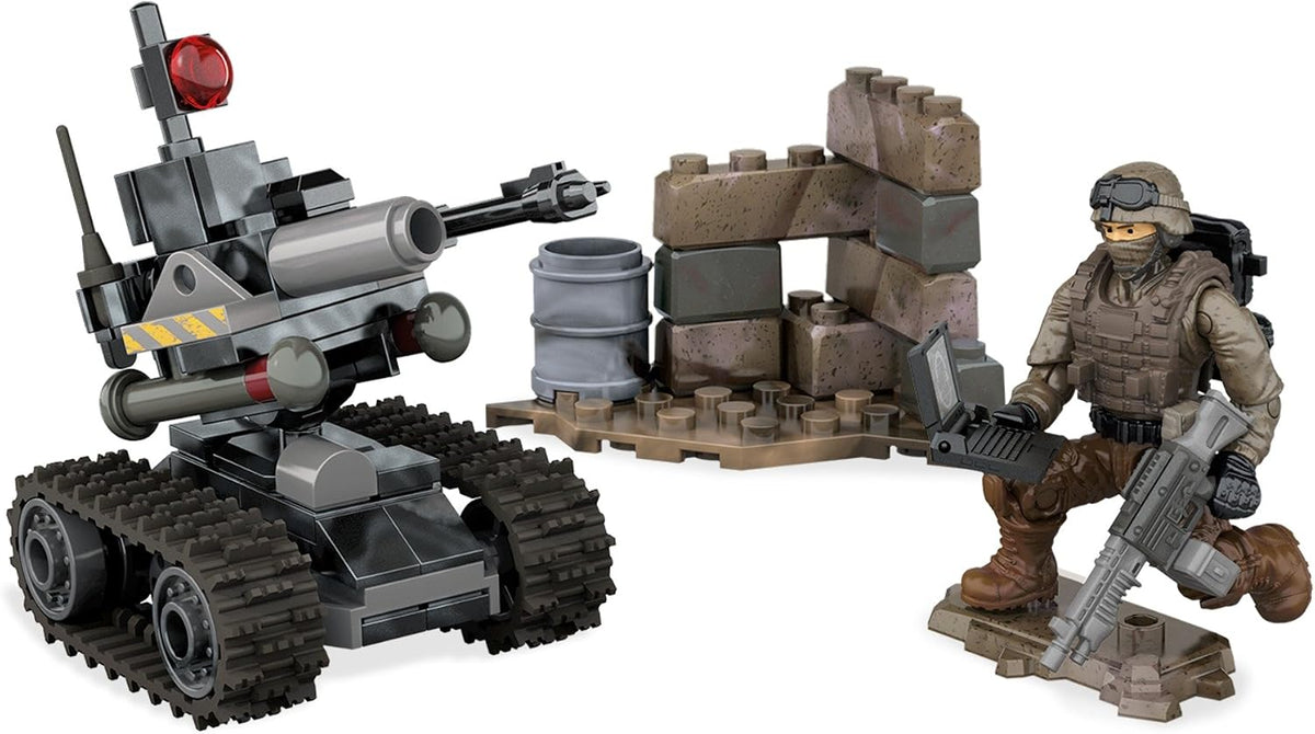 Brick-built tracked ground drone with machine gun beside a poseable soldier figure