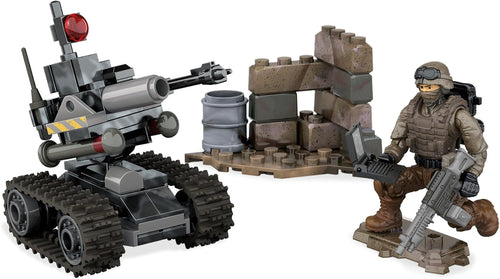 Brick-built tracked ground drone with machine gun beside a poseable soldier figure