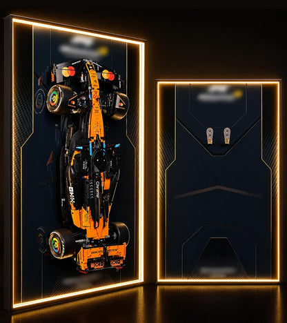 Formula race car brick model on a lit acrylic wall display board – view 8