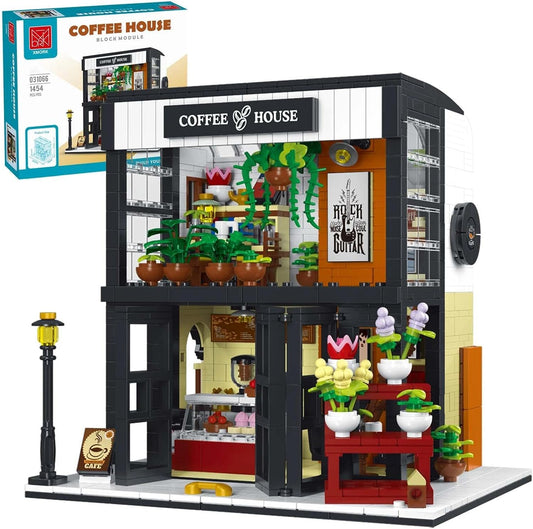 Brick-built flower coffee house with open cafe interior, counter and warm LED lights