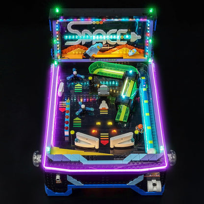 Arcade pinball machine brick model lit with colorful LED lights