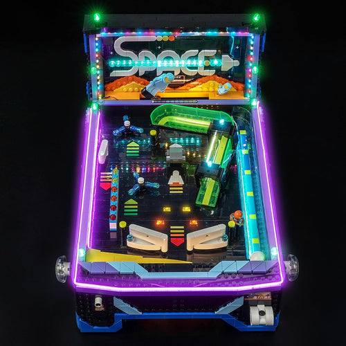 Arcade pinball machine brick model lit with colorful LED lights
