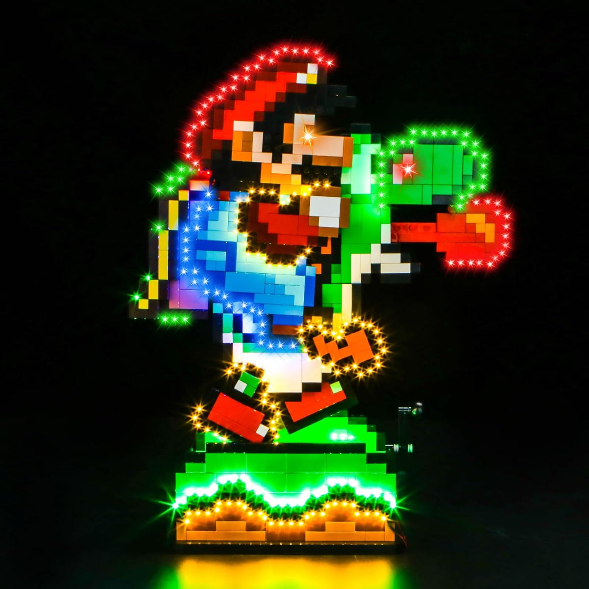 Brick-built plumber hero and green dinosaur model lit with colorful LED lights – view 2