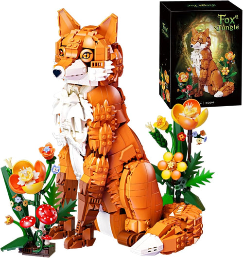 Brick-built orange red fox sitting among small flowers and red spotted mushrooms