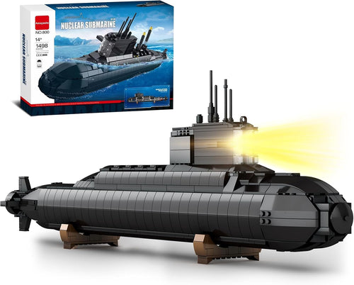 Gray brick-built military submarine model on a display stand with LED lights
