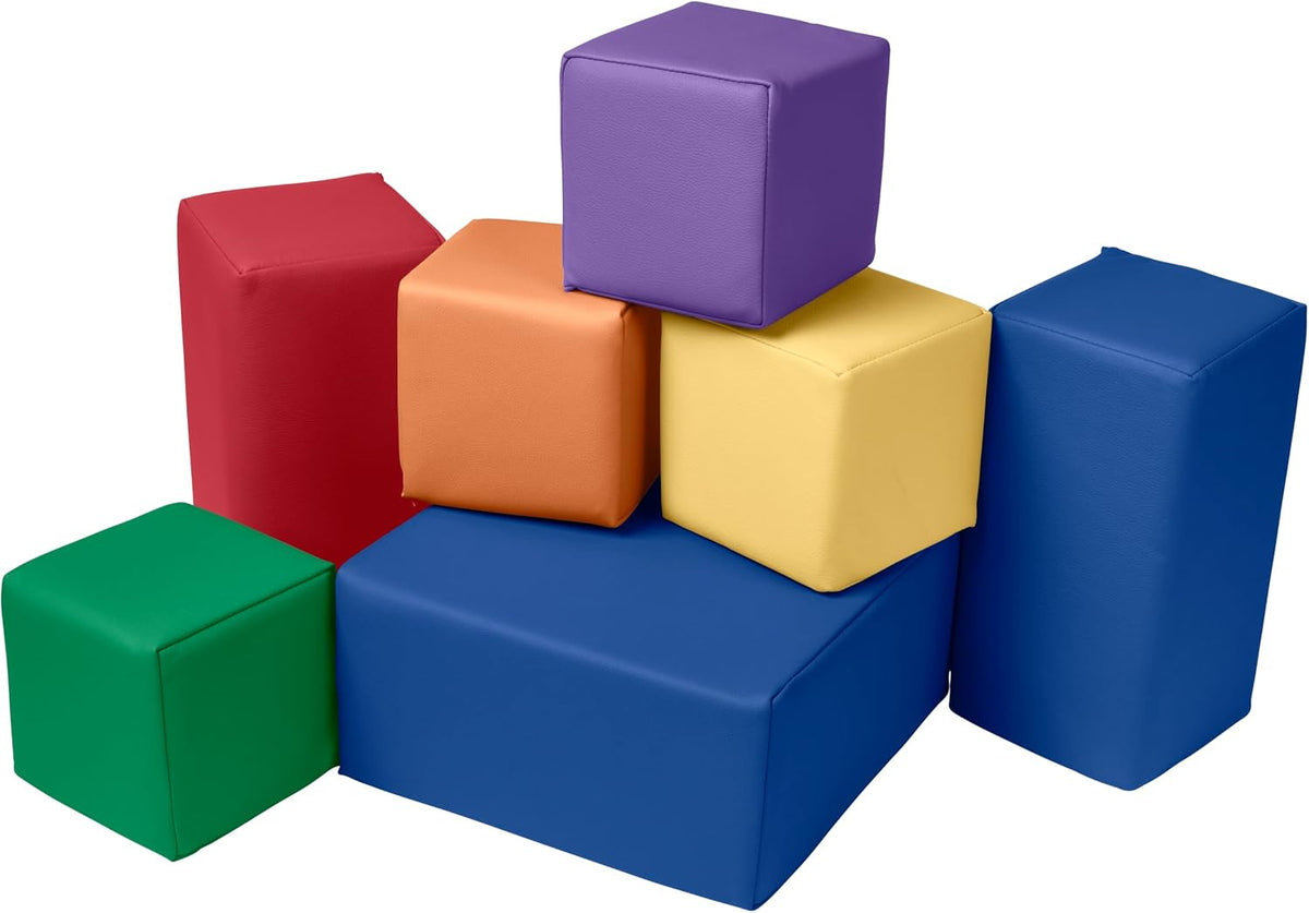 Soft foam toddler stacking blocks in assorted colors stacked on the floor