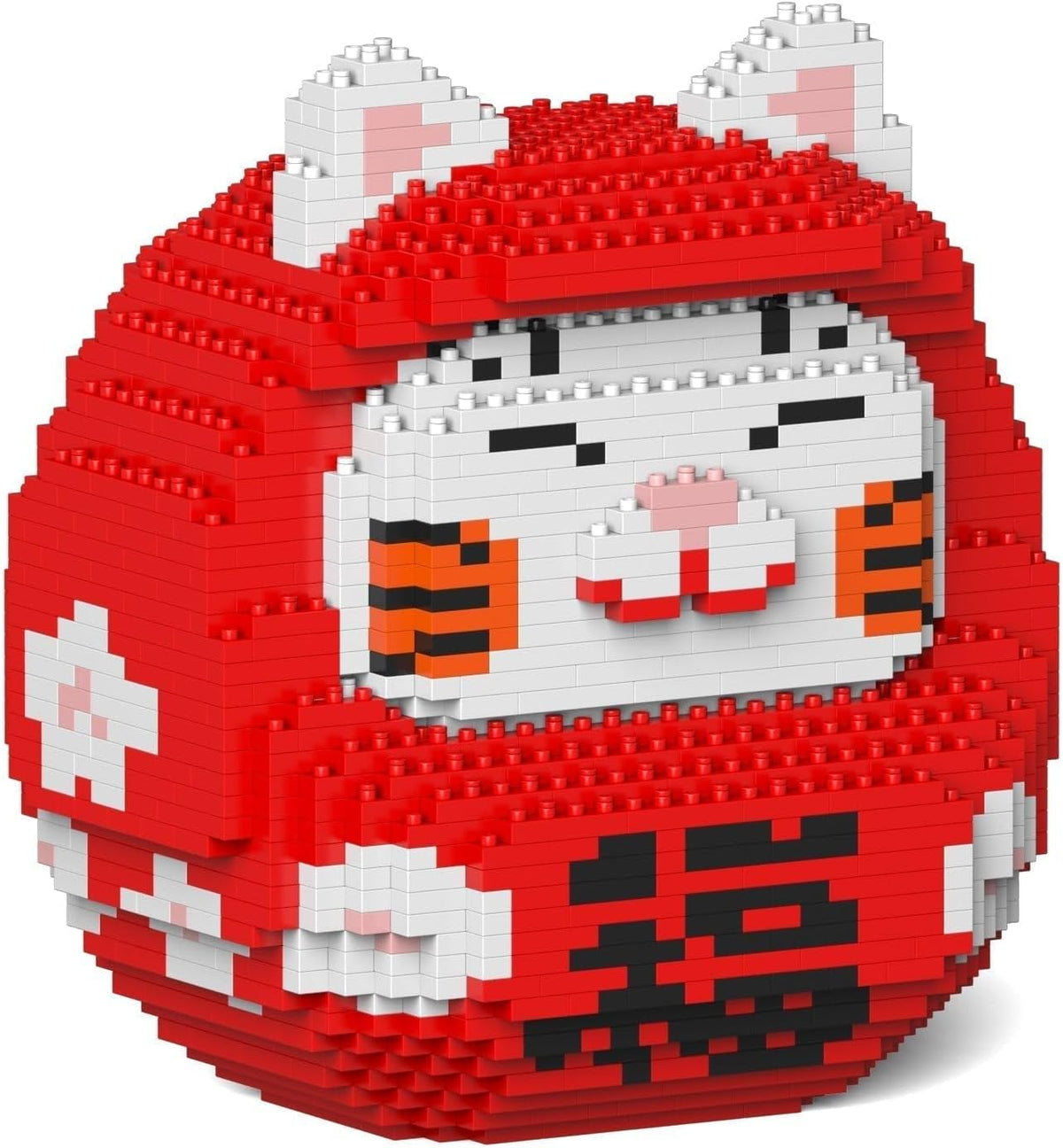 Brick-built Japanese lucky cat sculpture with raised paw and daruma styling – view 2