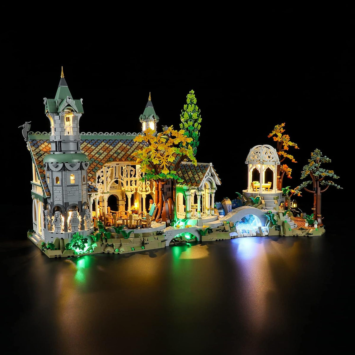 Fantasy elven valley brick model glowing with warm LED lights
