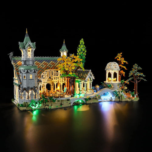 Fantasy elven valley brick model glowing with warm LED lights