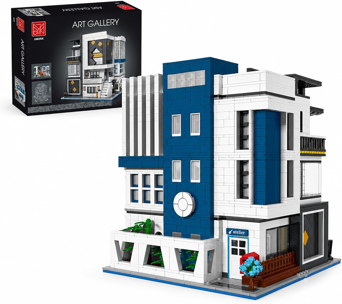 Lit brick-built modular art gallery with painting studio and exhibition room