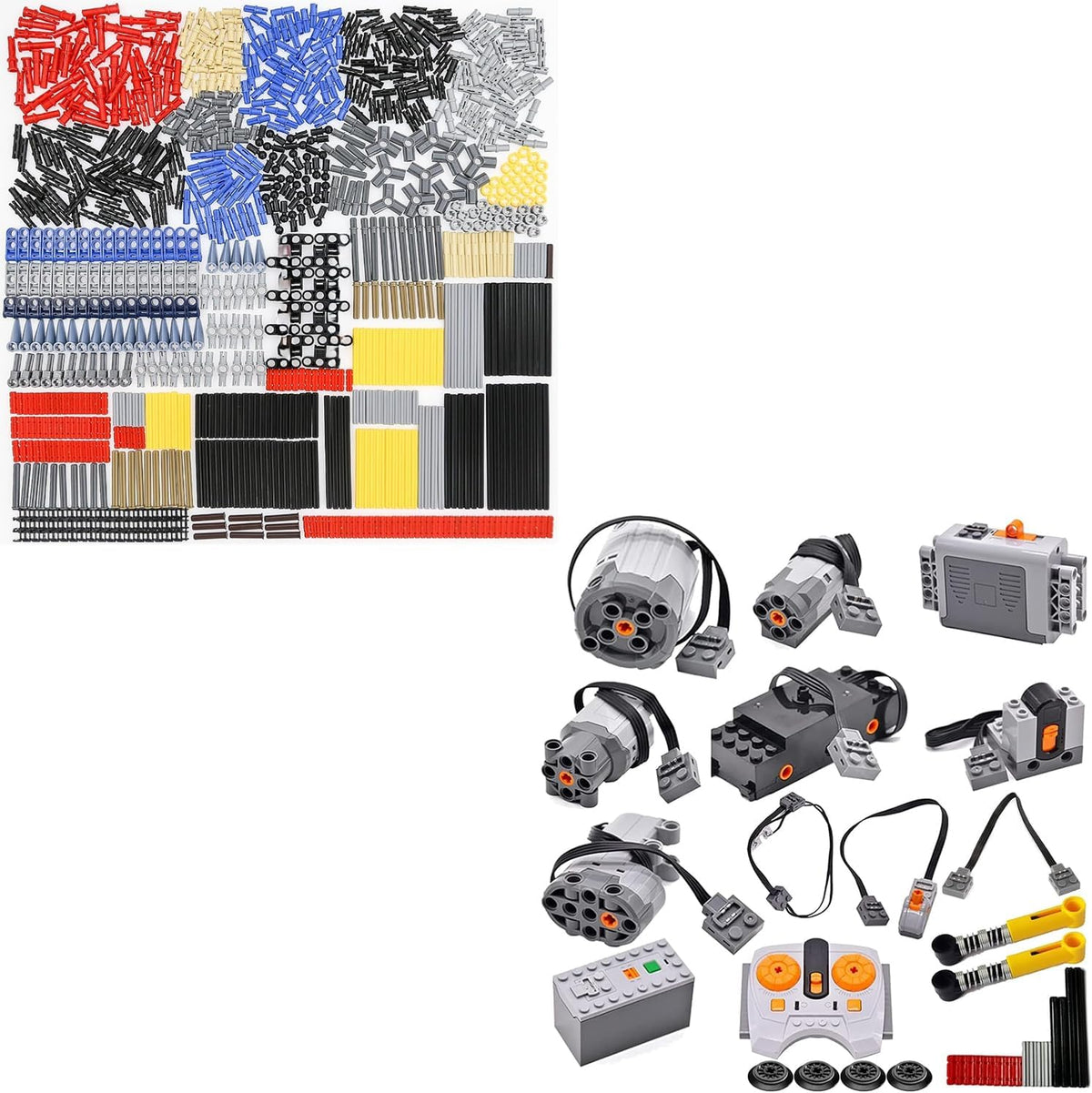 Assorted brick motors, battery boxes, remote and technical parts laid out