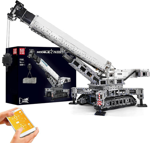 Built heavy-duty mobile crane truck brick model with extended crane arm