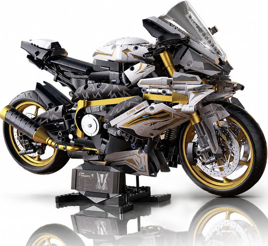 Brick-built black and green superbike motorcycle on display stand