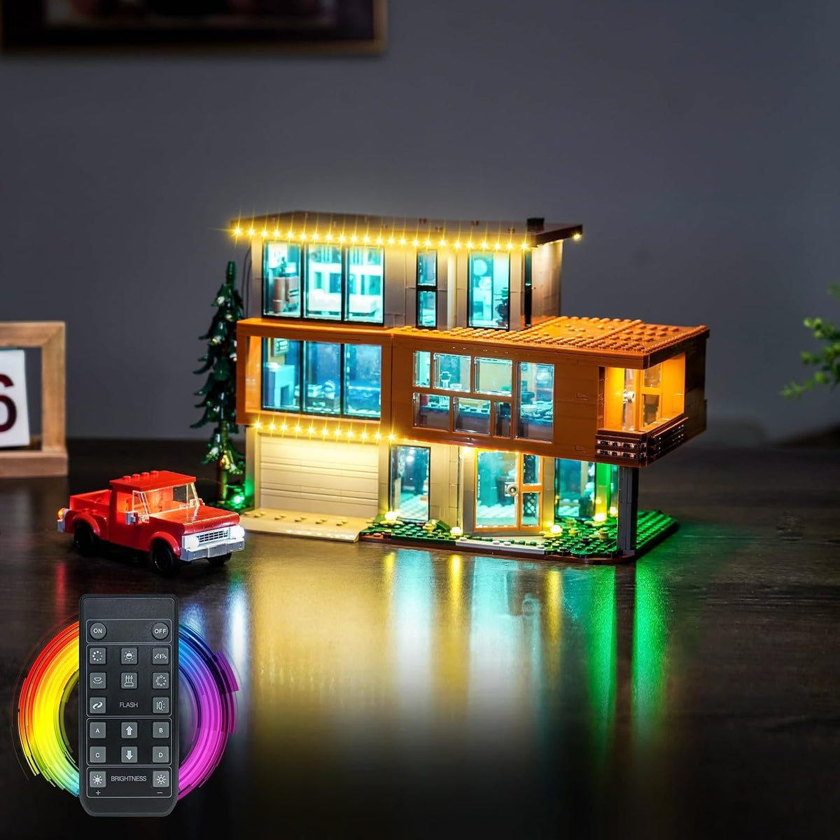 Modern glass forest house brick model glowing with LED lights