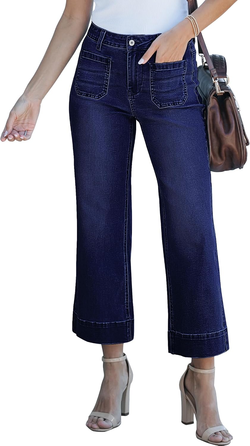 Women's Cropped Flare Jeans - High Rise Wide Leg Denim with Front Patch Pockets for Concert Outfits - Small