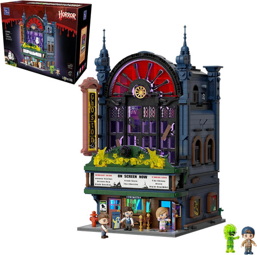 Gothic two-storey haunted theatre brick model lit by LED lights with ghost figures