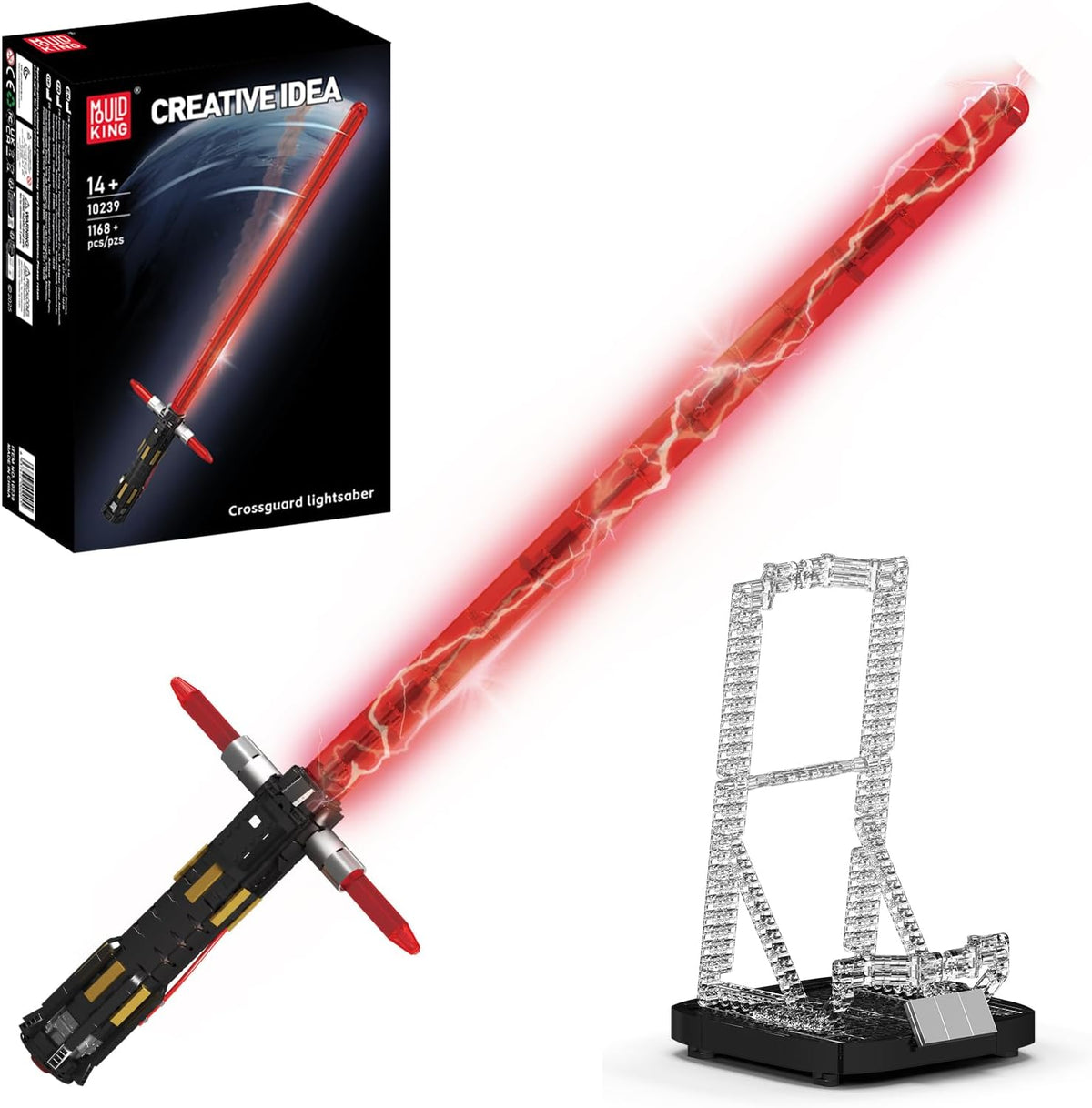 Black-bladed light sword brick model glowing on its display stand with nameplate – view 2