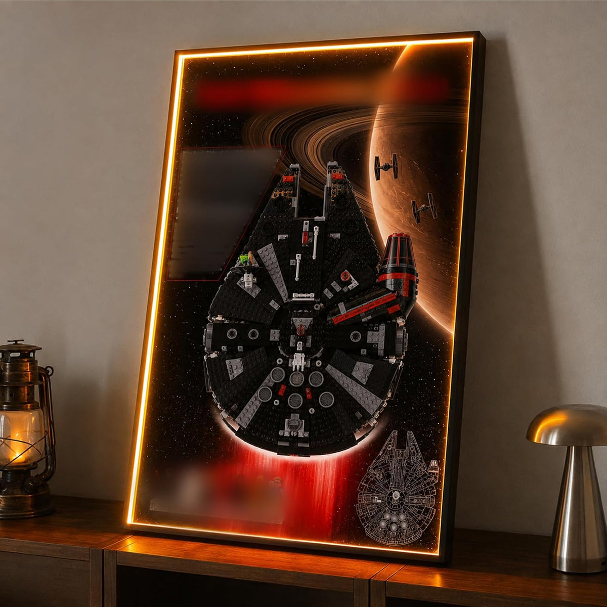 Wall-mounted display board with color LED backlight holding a starfighter model – view 3