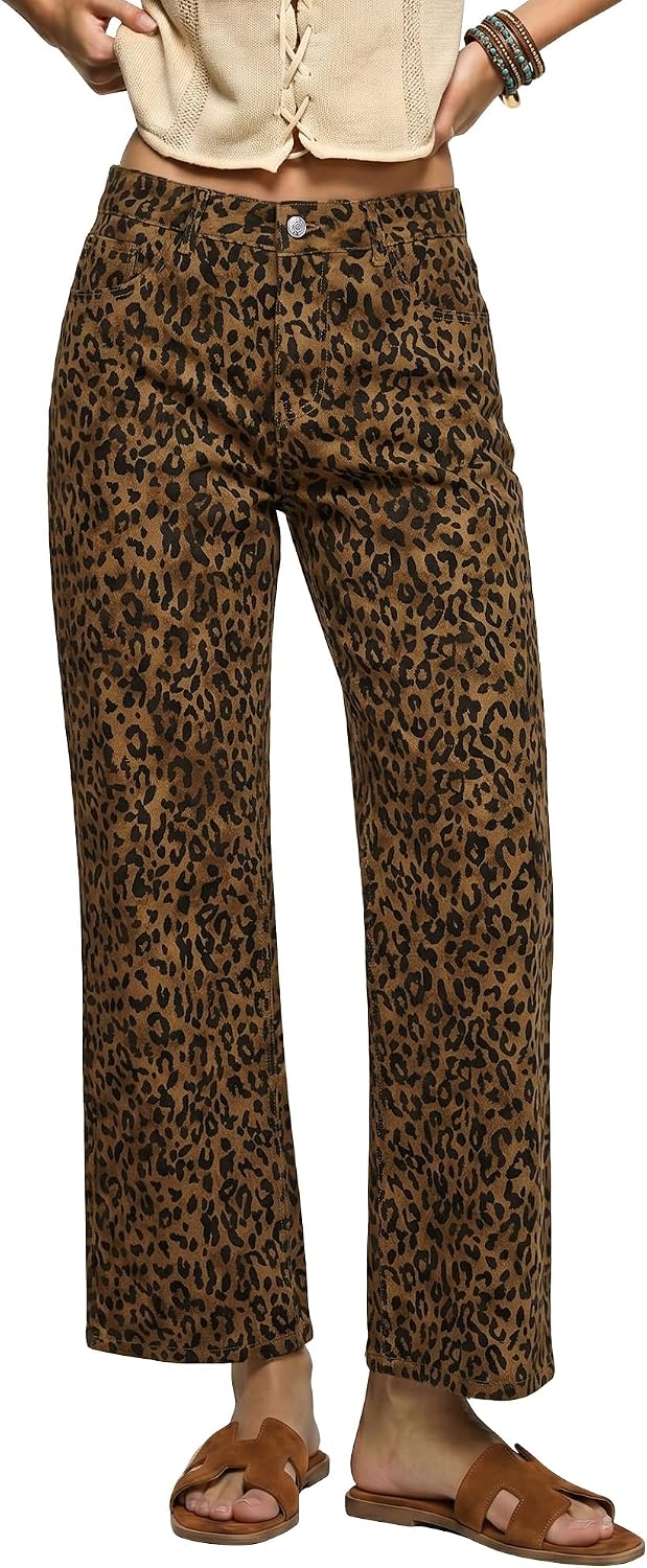 Women's Leopard Print Wide Leg Jeans - Ankle Length Stretch Denim with a High Waist for Fall Outfits - Small (6)
