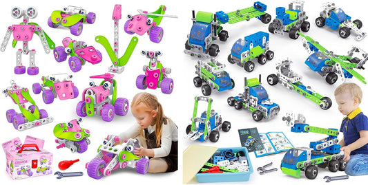 Kids construction kit pieces built into a forklift and rocket car
