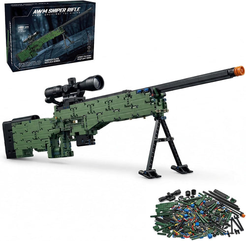 Full-size brick-built sniper rifle model displayed on a stand