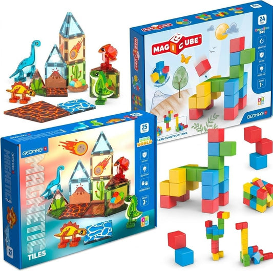 Soft magnetic cubes and dinosaur magnetic tiles built into colorful shapes