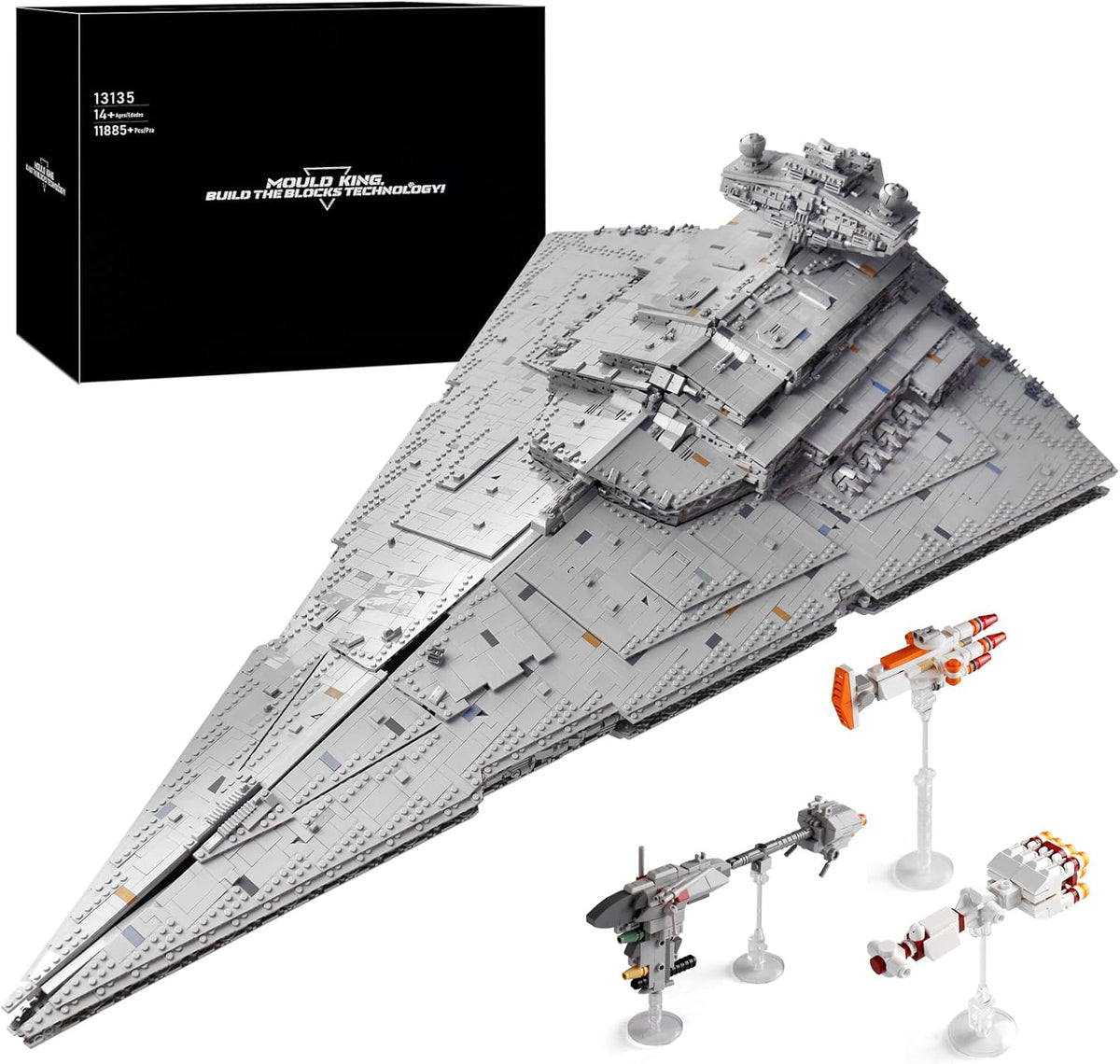 Brick-built gray wedge-shaped space attack cruiser on an elevated display stand – view 4
