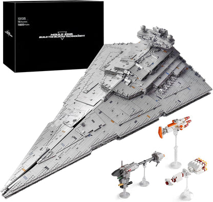 Brick-built gray wedge-shaped space attack cruiser on an elevated display stand – view 4