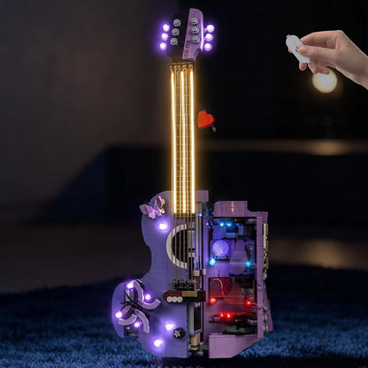 Brick-built movie scene model lit by colored LED lights
