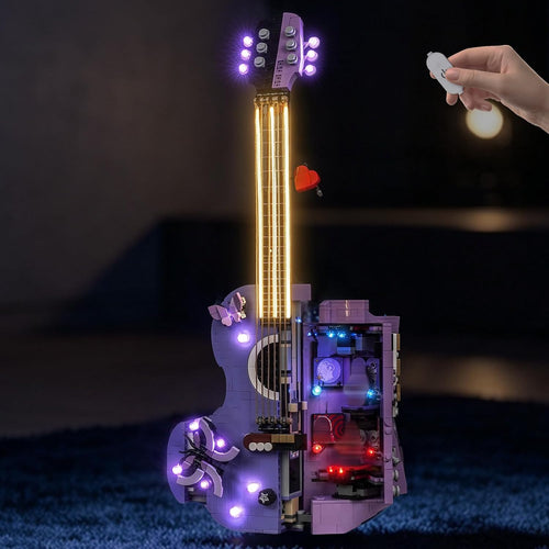 Brick-built movie scene model lit by colored LED lights