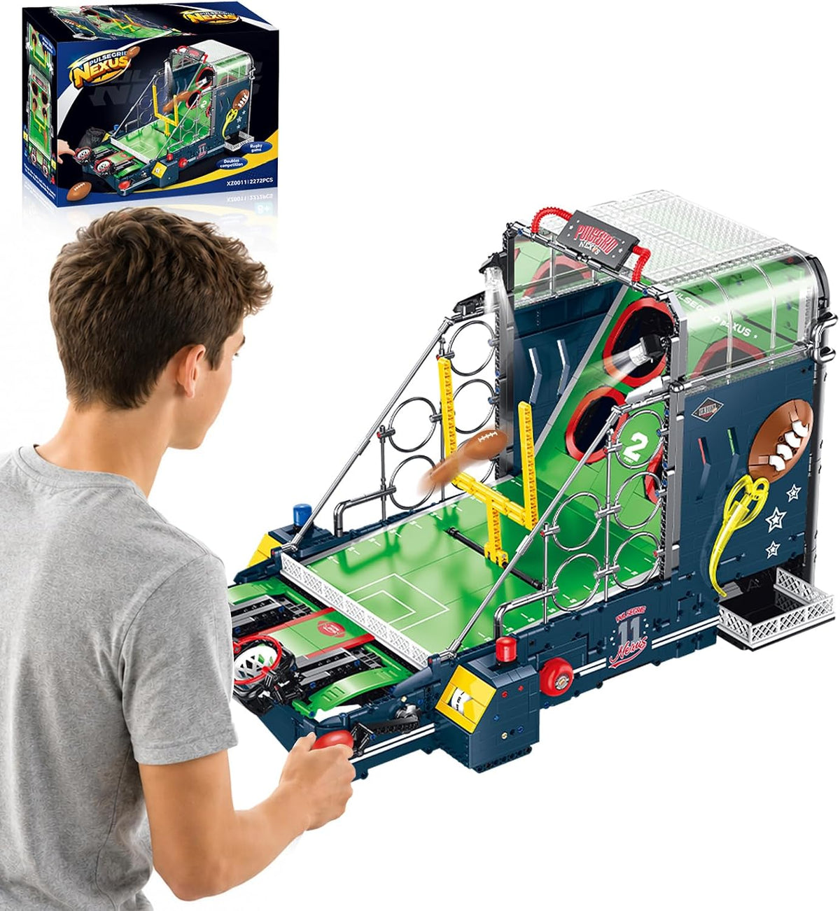 Brick-built tabletop pinball machine with flippers, ramps and arcade backboard – view 4