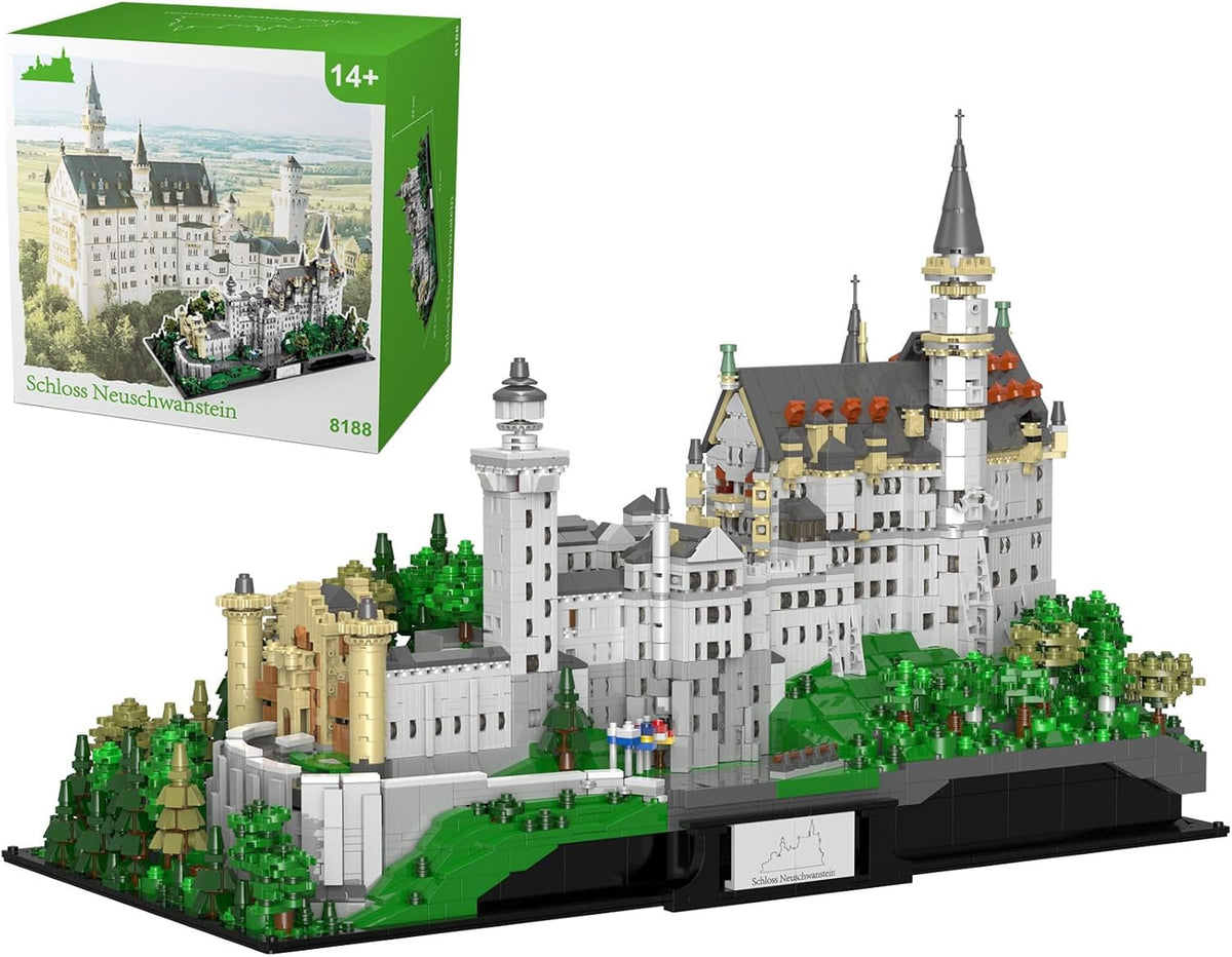 Large brick-built Neuschwanstein Castle model with towers and turrets